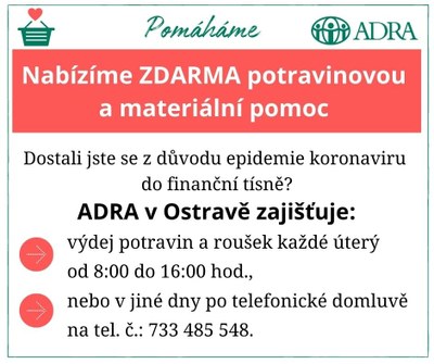 ADRA Ostrava nabízí zdarma potravinovou a materiální pomoc