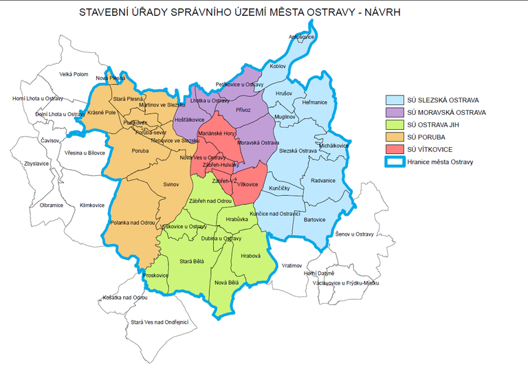 Mapa návrhu nové působnosti stavebních úřadů na území města. Autor: MMO